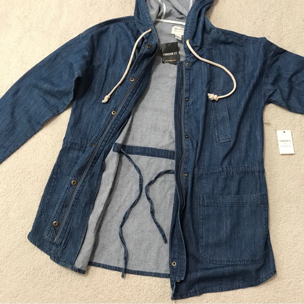 SOLD Forever 21 Denim Hoodie Jacket Oversized Parka Blue Pit to Pit 21β Size XS - Picture 10 of 16